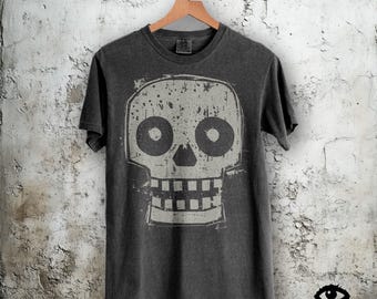 Cool Skull Shirt – Block Head Cute Primitive Skeleton Unisex Tee – Grunge Punk Rocker Goth - Mens Womens Comfort Colors Pepper Tshirt