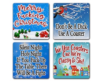 Merry Fucking Christmas Mixed Set of 4 Coasters Funny  Holiday Gift Retro Card Style