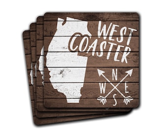 West Coaster Drink Coasters Decor Gift Set of 4 Housewarming California Washington Oregon