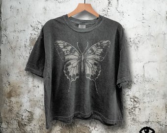 Butterfly Tshirt - Vintage Distressed Style Graphic Shirt - Womans Boxy Cropped Comfort Colors Tee in Pepper / Faded Black T-shirt