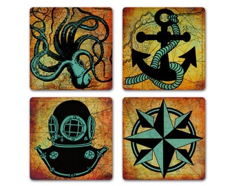 Octopus Anchor Diving Helmet Compass Rose Nautical Coastal Coaster Set Of 4 Home Decor Barware Decoration