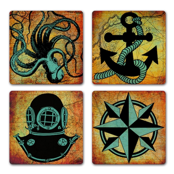 Octopus Anchor Diving Helmet Compass Rose Nautical Coastal Coaster Set Of 4 Home Decor Barware Decoration