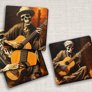 Skeleton Playing Guitar Neoprene Coaster Set Great Gift for Guitar Player Halloween Decor Skull Fan image 3