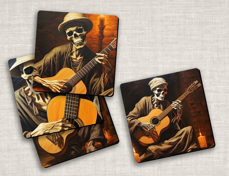 Skeleton Playing Guitar Neoprene Coaster Set Great Gift for Guitar Player Halloween Decor Skull Fan image 3