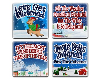 Christmas Wine Funny Holiday Pun Cute Retro Coaster Gift Set of 4