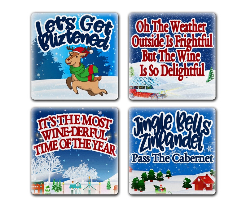 Christmas Wine Funny Holiday Pun Cute Retro Coaster Gift Set of 4 image 1