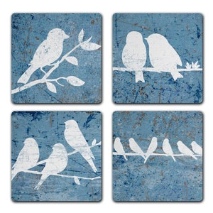Blue Bird On Branch 4pc Drink Coaster Set Home Decor Housewarming Gift Idea image 1
