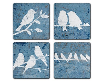 Blue Bird On Branch 4pc Drink Coaster Set Home Decor Housewarming Gift Idea