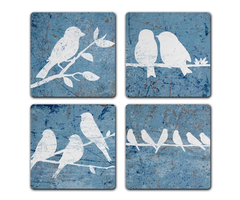 Blue Bird On Branch 4pc Drink Coaster Set Home Decor Housewarming Gift Idea image 1