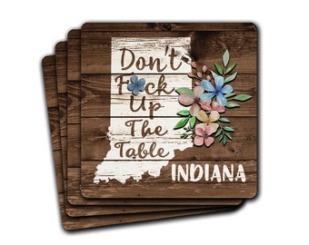 INDIANA State Pride F*ck Up The Table Souvenir 4pc Woodgrain Fabric Neoprene Coaster Gift Set