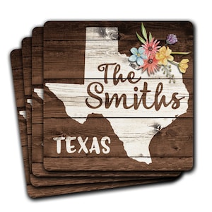 TEXAS State Pride Custom Name 4pc Drink Coaster Gift Set Personalized Monogram Name Hostess Anniversary Housewarming Decoration image 1