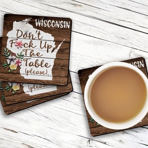 WISCONSIN State Pride Don't Fck Up The Table Souvenir 4pc Coaster Gift Set Madison Milwaukee image 2