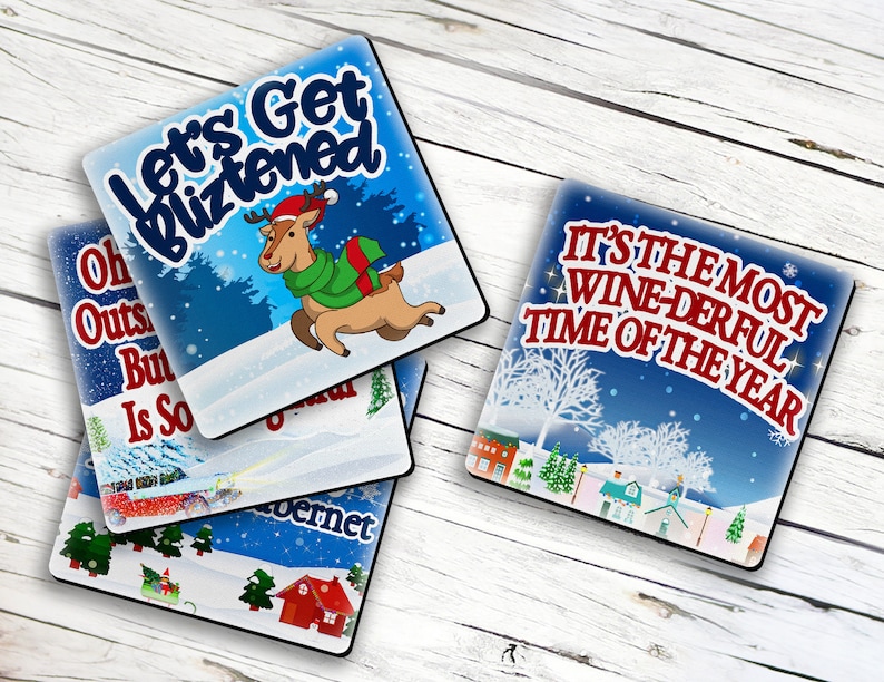 Christmas Wine Funny Holiday Pun Cute Retro Coaster Gift Set of 4 image 4