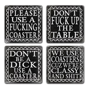 Sarcastic Adult Language Drink Coaster 4pc Gift Set Don't Fuck Up The Table Dont Be A Dick Use A Coaster image 1