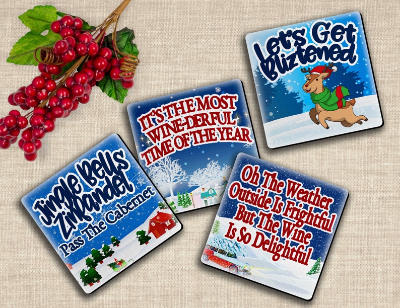 Christmas Wine Funny Holiday Pun Cute Retro Coaster Gift Set of 4 image 6