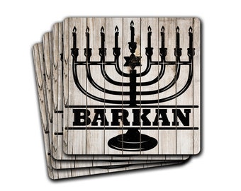 Hanukkah Menorah With Name 4pc Drink Coaster Gift Set Personalized Chanukah Hostess Jewish Judaica Cubicle Home Decor