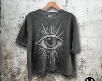 All Seeing Eye Crop Top Shirt – Boxy Fit Cropped Tee, Mystical Graphic on Comfort Colors Pepper - Womans Faded Black Boho Tshirt