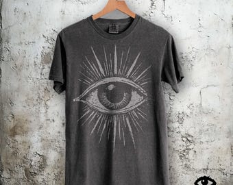 All Seeing Eye Shirt – Mystical Graphic Faded Black Boho Tshirt - Light Gray Ink on Comfort Colors Pepper - Unisex Tee for Men or Women