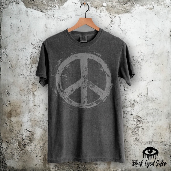Peace Sign Shirt – Comfort Colors Tee in Pepper – Unisex Fit – Retro Distressed Peace Symbol Tshirt - Charcoal Gray Faded Black