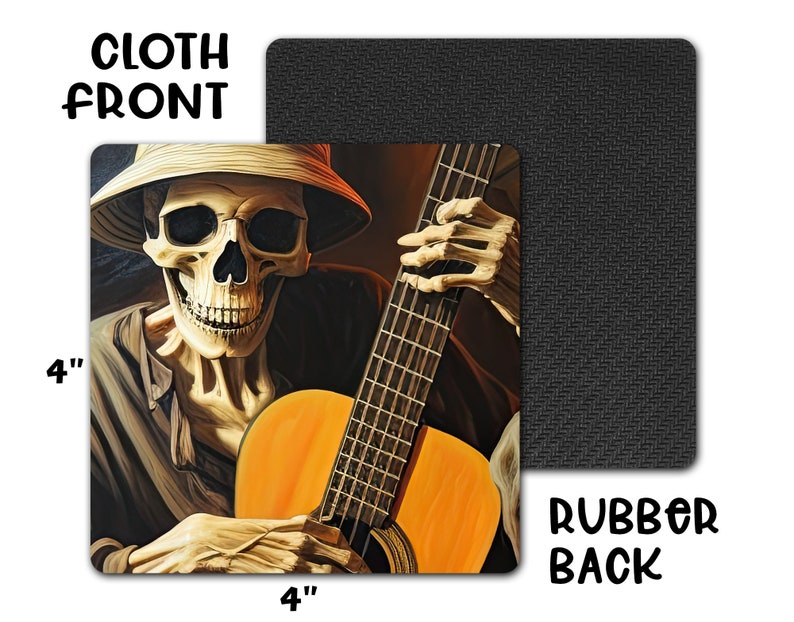 Skeleton Playing Guitar Neoprene Coaster Set Great Gift for Guitar Player Halloween Decor Skull Fan image 4