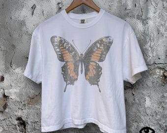 Distressed Butterfly Shirt, Vintage Graphic Tee, Soft Grunge Aesthetic on WHITE Womens Comfort Colors Boxy Crop Tee