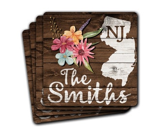 NEW JERSEY State Pride Custom Personalized Family Name 4pc Coaster Gift Set Housewarming Hostess Country Farmhouse