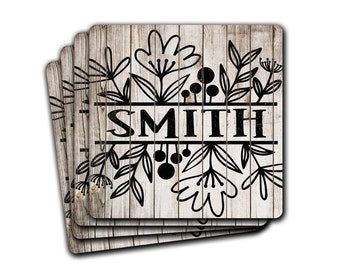 Farmhouse Flowers Custom Name 4pc Drink Coaster Gift Set Personalized Monogram Name Hostess Anniversary Housewarming Cubicle Decor