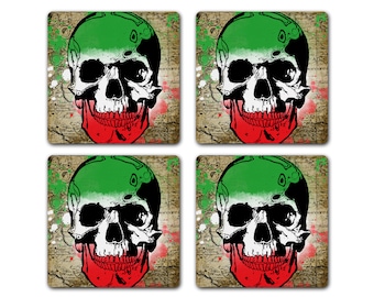 Italian Flag Anatomy Skull Map Green White Red 4pc Coaster Set Steampunk Italy Housewarming