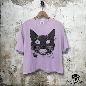 Black Cat Shirt, Funny Graphic Cute T Shirt, Vintage Style Garment Dyed Orchid Comfort Colors Crop Tee