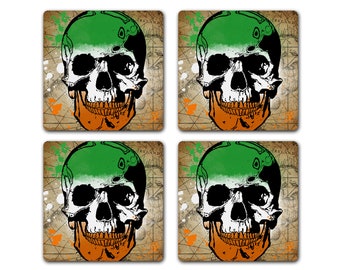 Irish Flag Anatomy Skull Map Green White Orange 4pc Coaster Set Steampunk Ireland Housewarming