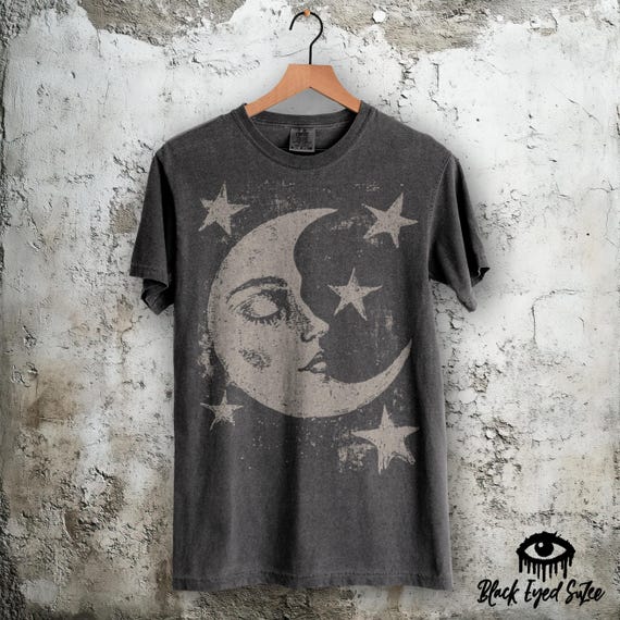 Celestial Moon Stars Shirt, Mystical Vintage Graphic Tee - Comfort Colors Pepper Tee (Charcoal Gray) – Mens Womens
