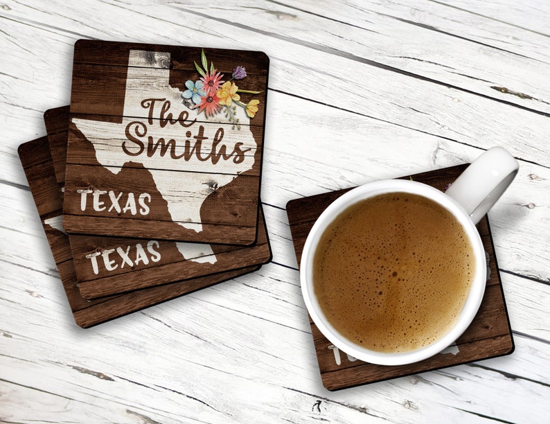 TEXAS State Pride Custom Name 4pc Drink Coaster Gift Set Personalized Monogram Name Hostess Anniversary Housewarming Decoration image 2