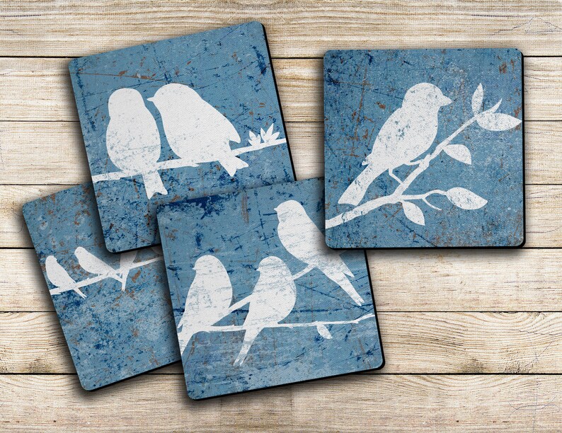 Blue Bird On Branch 4pc Drink Coaster Set Home Decor Housewarming Gift Idea image 2