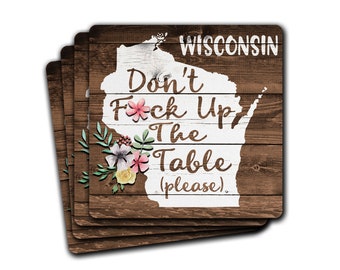 WISCONSIN State Pride Don't F*ck Up The Table Souvenir 4pc Coaster Gift Set Madison Milwaukee