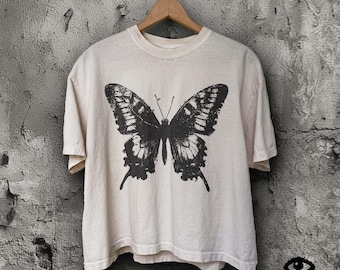 Distressed Butterfly Shirt, Vintage Graphic Tee, Soft Grunge Aesthetic, Black Ink on IVORY Womens Comfort Colors Boxy Crop Tee