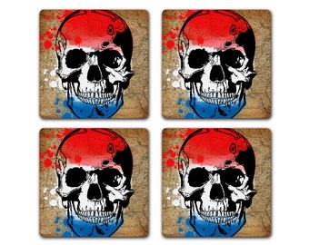 Red White & Blue Patriotic Map Anatomy Skull 4pc Coaster Set American Flag Steampunk Americana USA