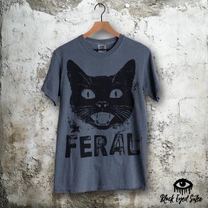 May include: A gray t-shirt featuring a large black cat face with the word "FERAL" printed below. The cat has wide eyes and an open mouth. The shirt is hanging on a wooden hanger against a textured wall.
