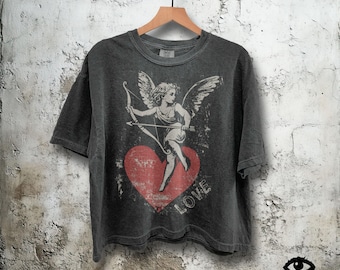 Vintage Heart Cherub Love Shirt - Large Graphic Cropped T-Shirt – Womens Comfort Colors Boxy Crop Tee in Pepper - Valentine's Day