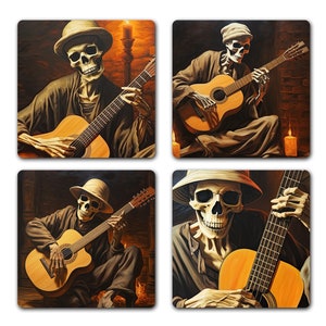 Skeleton Playing Guitar Neoprene Coaster Set Great Gift for Guitar Player Halloween Decor Skull Fan image 1