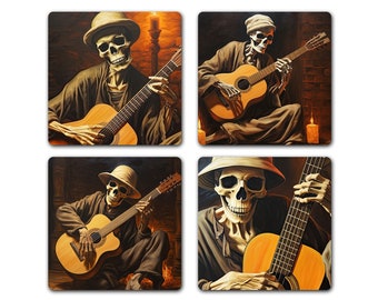 Skeleton Playing Guitar Neoprene Coaster Set Great Gift for Guitar Player Halloween Decor Skull Fan