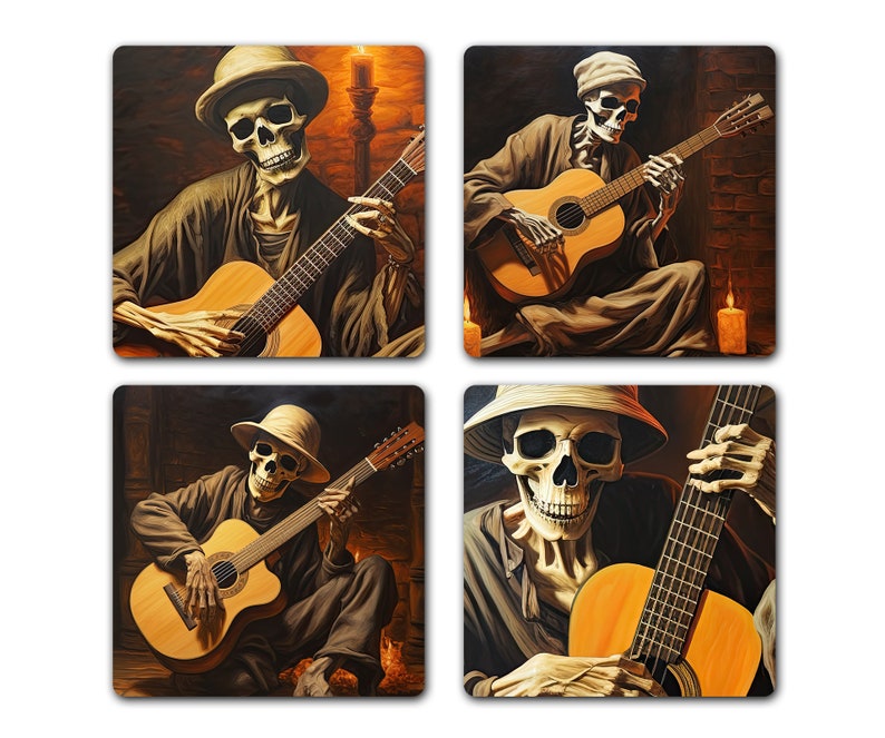 Skeleton Playing Guitar Neoprene Coaster Set Great Gift for Guitar Player Halloween Decor Skull Fan image 1