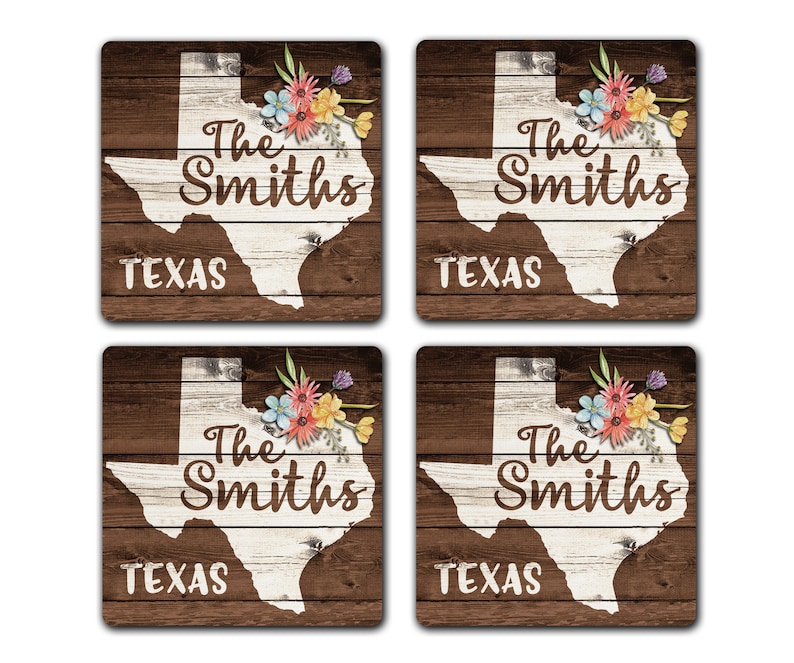 TEXAS State Pride Custom Name 4pc Drink Coaster Gift Set Personalized Monogram Name Hostess Anniversary Housewarming Decoration image 3