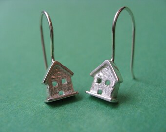 Tiny House Dangle Earrings. Sterling Silver.