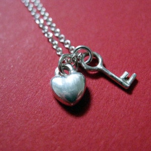 Tiny Heart and Key Charm Necklace Sterling Silver image 2