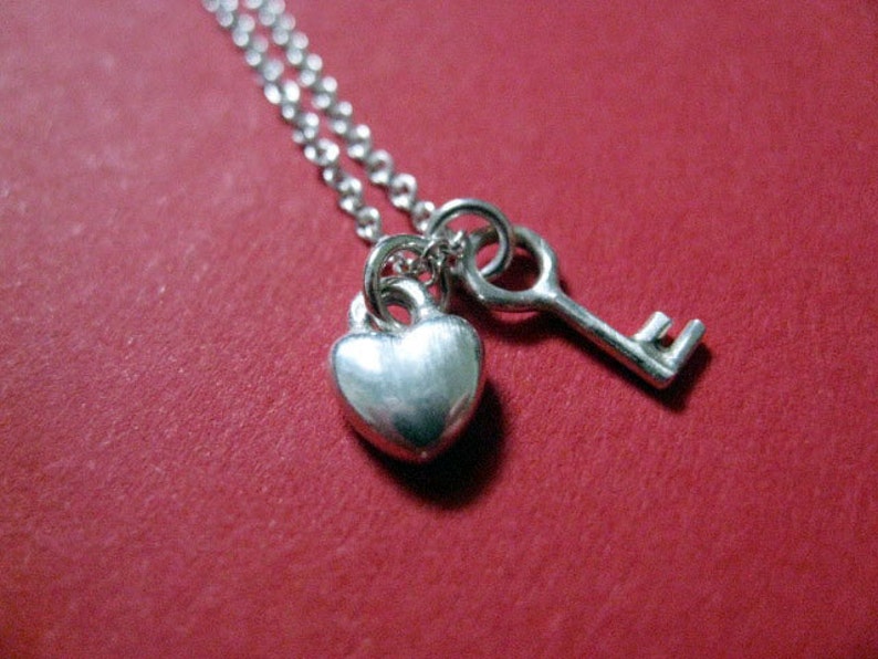 Tiny Heart and Key Charm Necklace Sterling Silver image 2