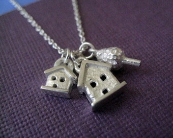 Charm Necklace Double House and Tree Sterling Silver