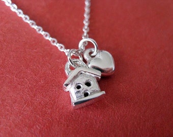 Teeny House and Heart Charm Necklace. Sterling Silver