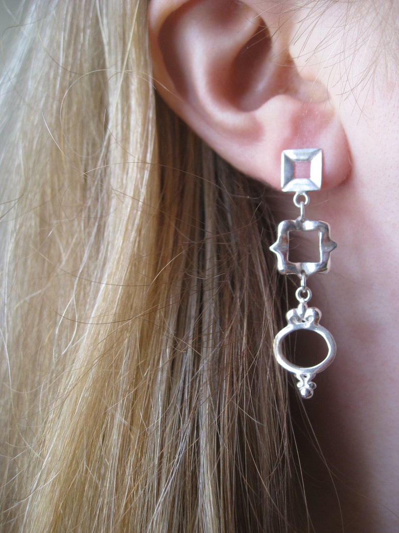 Triple Frame Dangle Earrings Post Earrings Sterling Silver Etsy