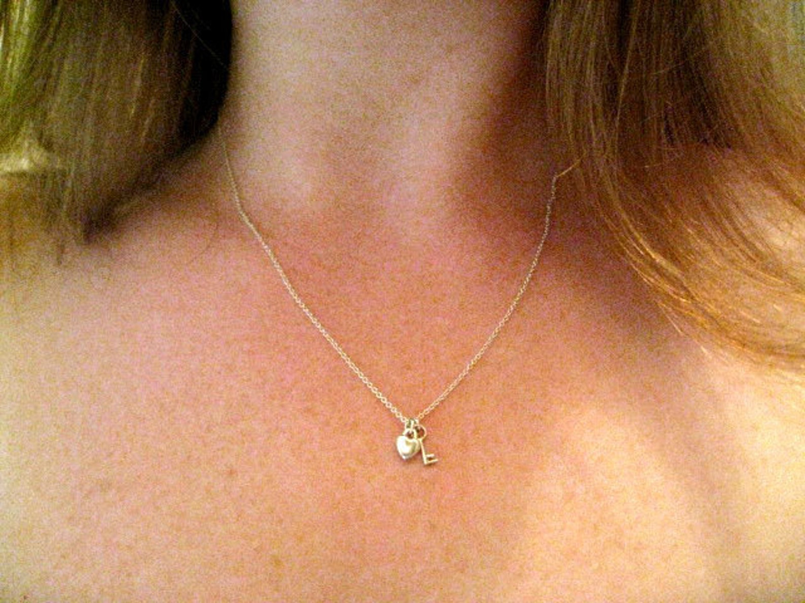 Tiny Heart and Key Charm Necklace Sterling Silver Etsy