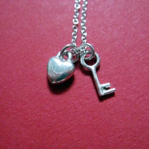 Tiny Heart and Key Charm Necklace Sterling Silver image 1